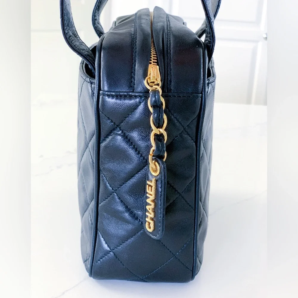 CHANEL Black Leather Gold Chain Small Top Handle Satchel Bag